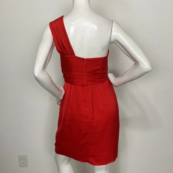 Bcbgmaxazria Jewel Red Satin Palais One Shoulder W/Pleated Bow Mini Dress Size 8 - Picture 6 of 9